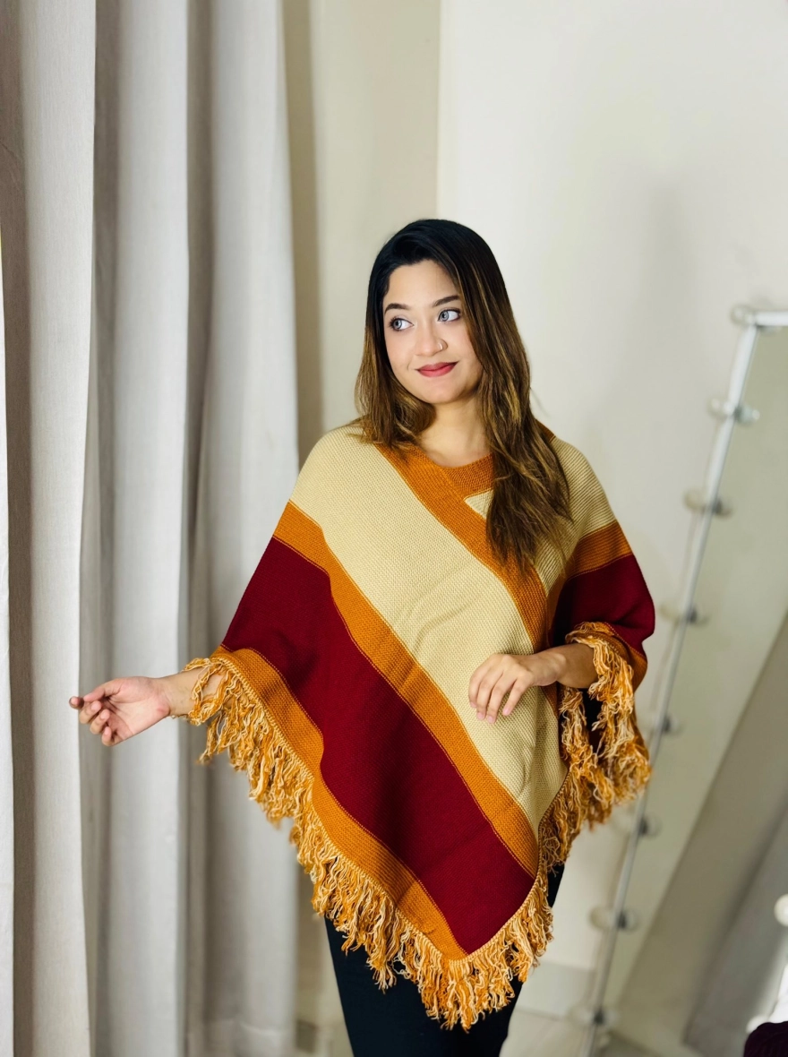 Striped Knit Poncho with Fringe