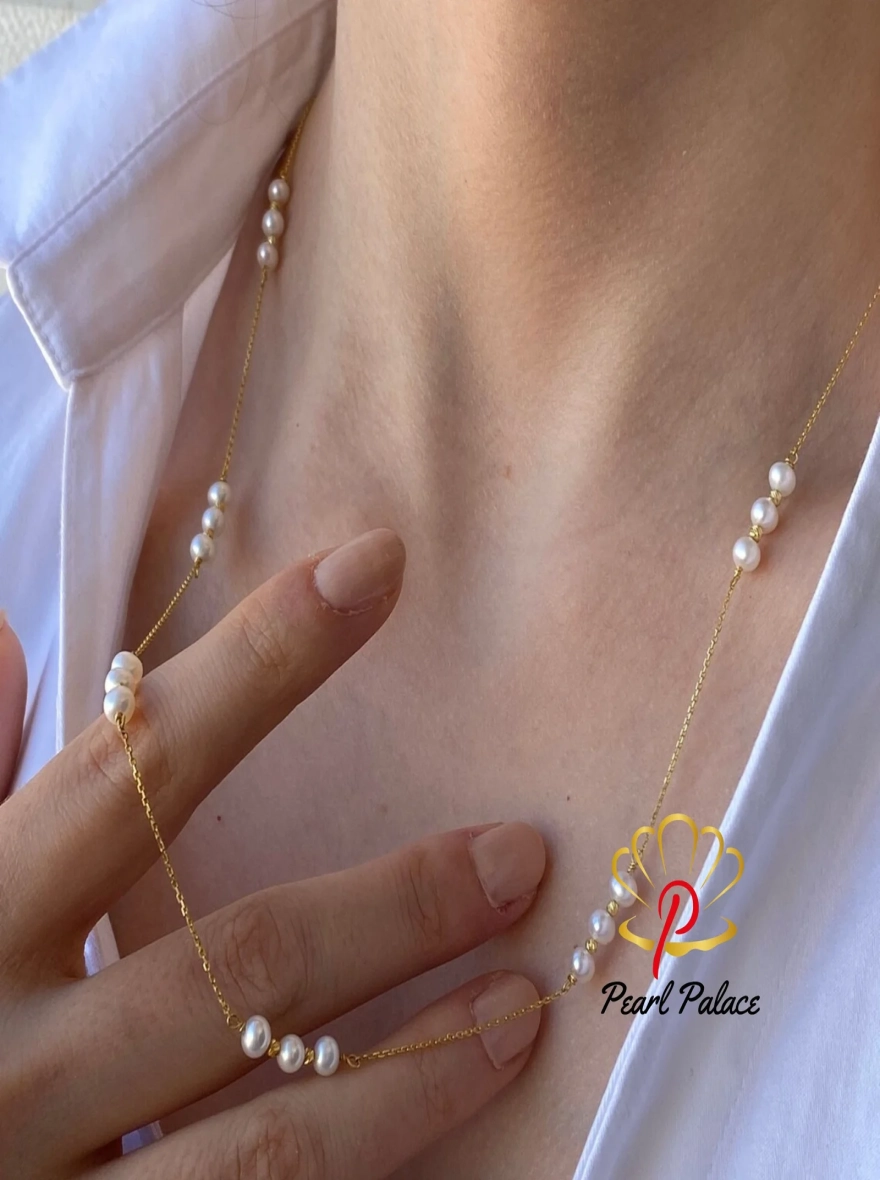14K Gold Handmade Pearl Chain Link Necklace for Women