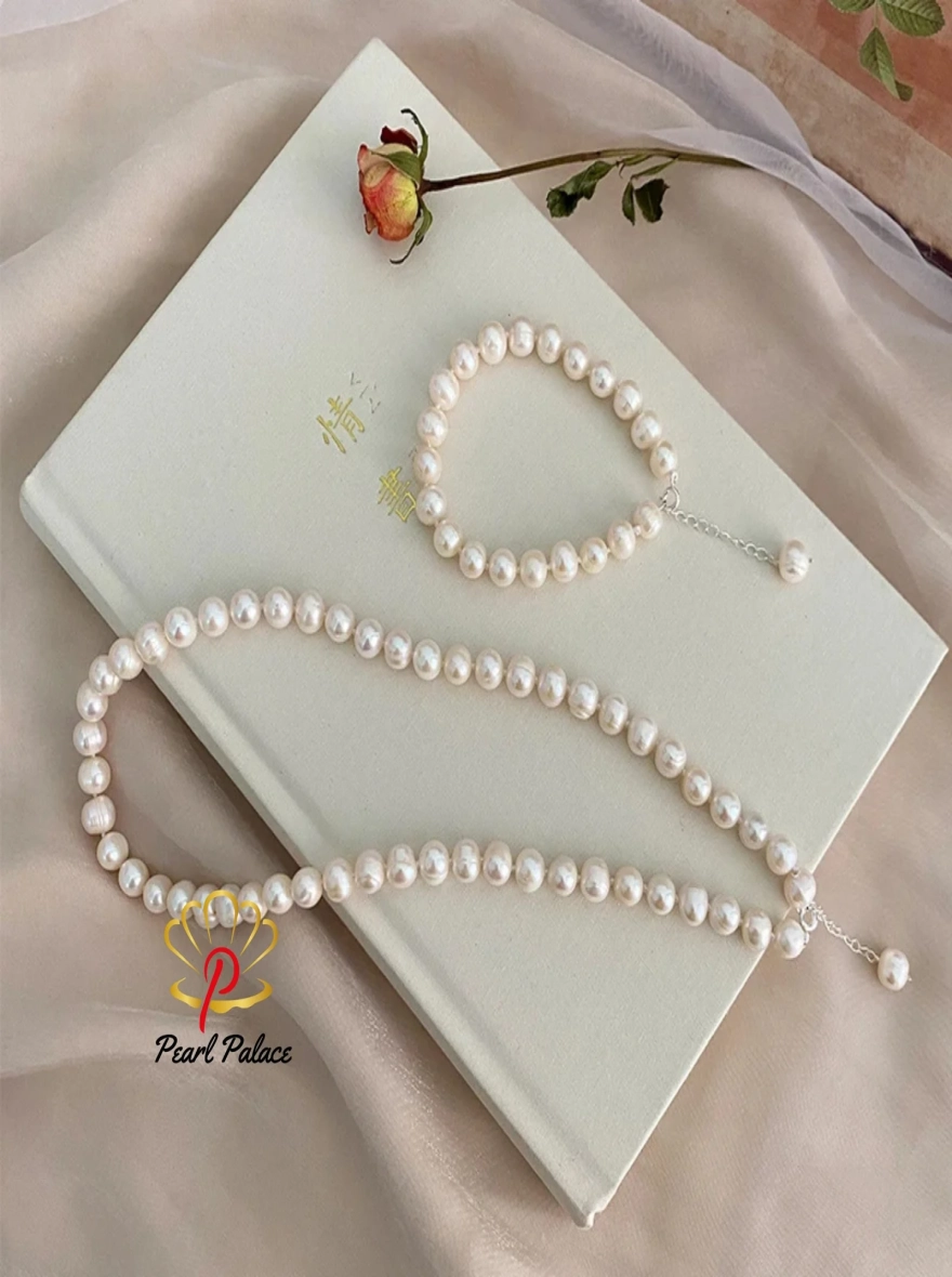 Natural Freshwater Pearl Jewelry Set 925 Sterling Silver Necklace Bracelet for Women