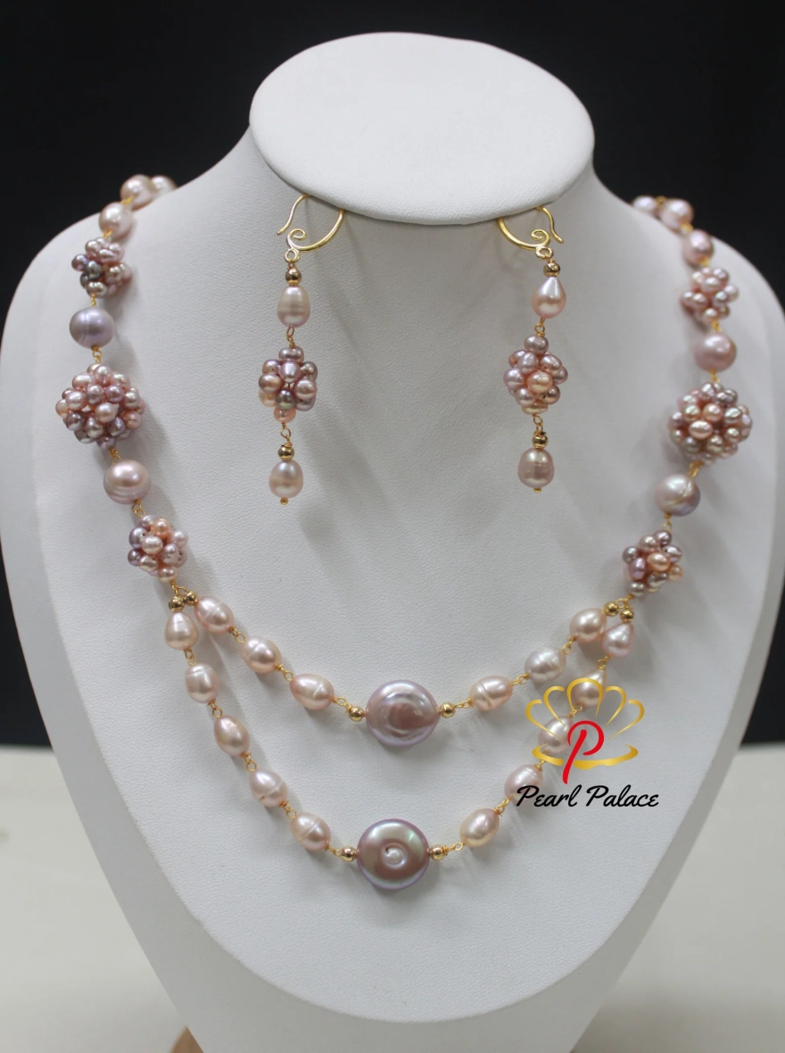 Rice Pearl, coin pearl necklace set with earrings.