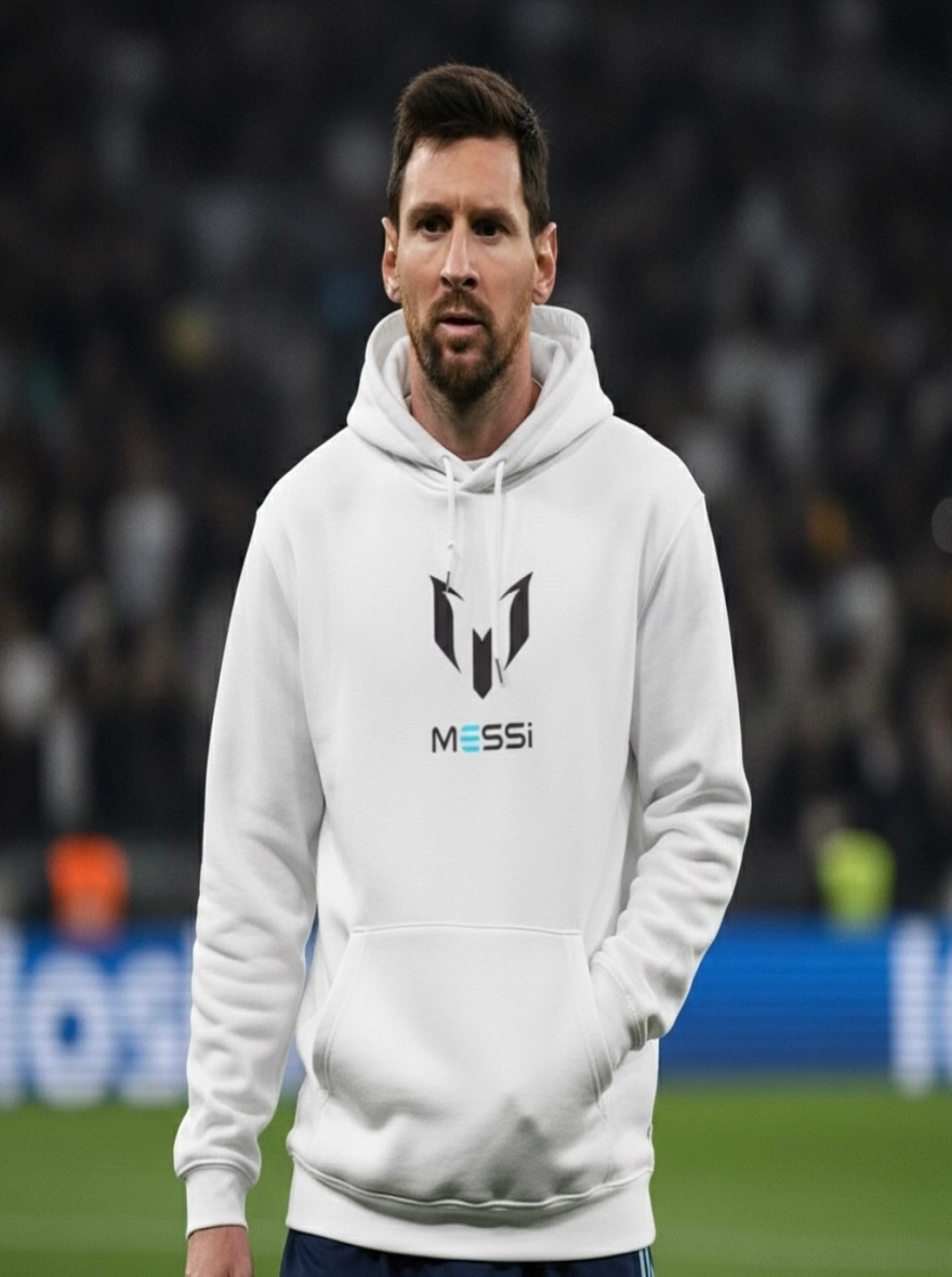Messi Icon Pullover White Hoodie with Black & Blue Logo