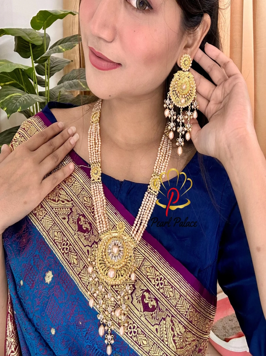 18K Gold Plated with Pink Pearl Bridal Sita Har Necklace Set