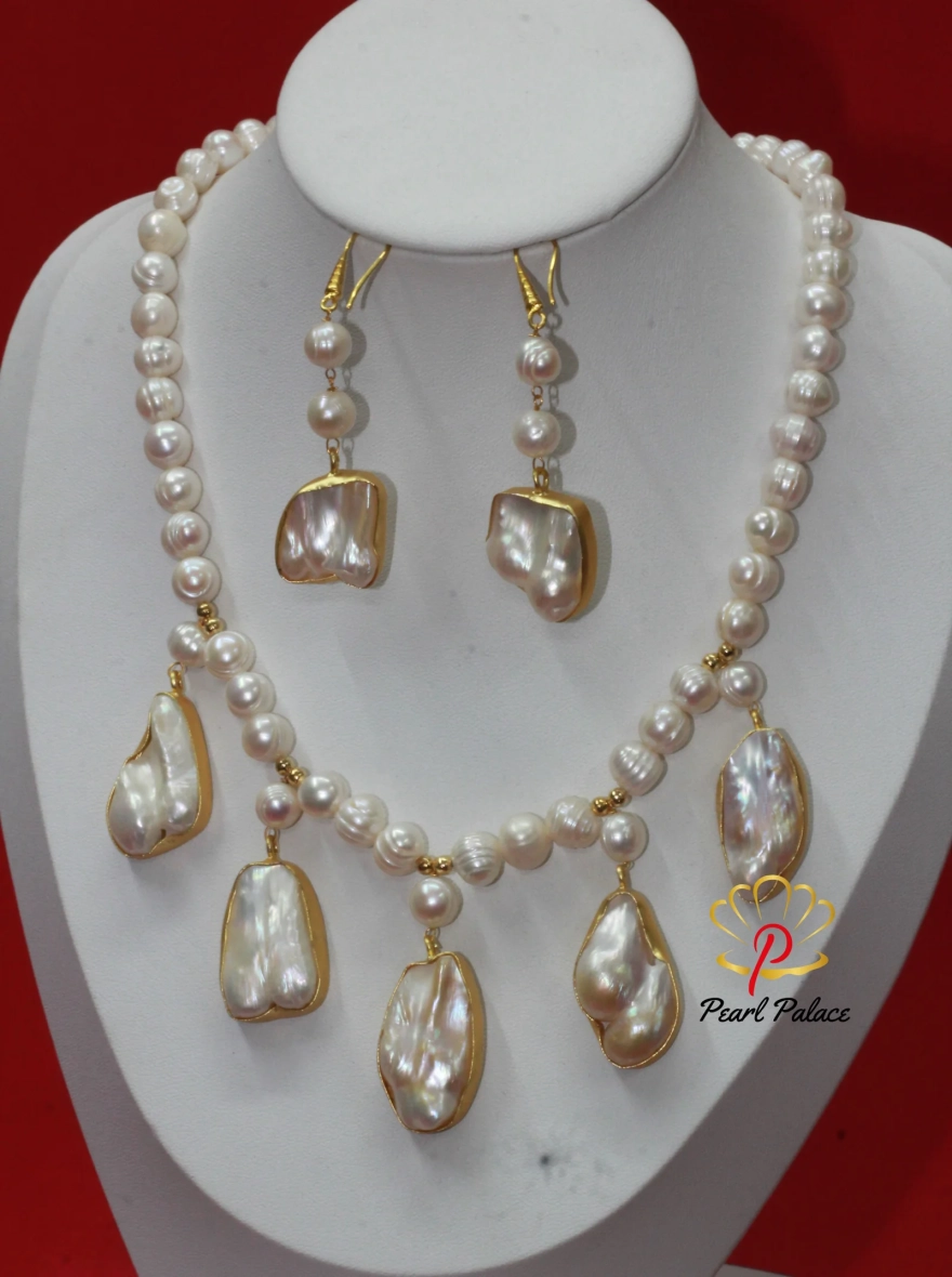 Baroque Mother of Pearl Necklace and Earring Set.