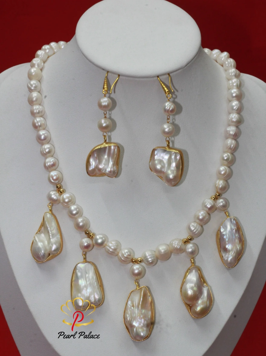 Baroque Mother of Pearl Necklace and Earring Set.