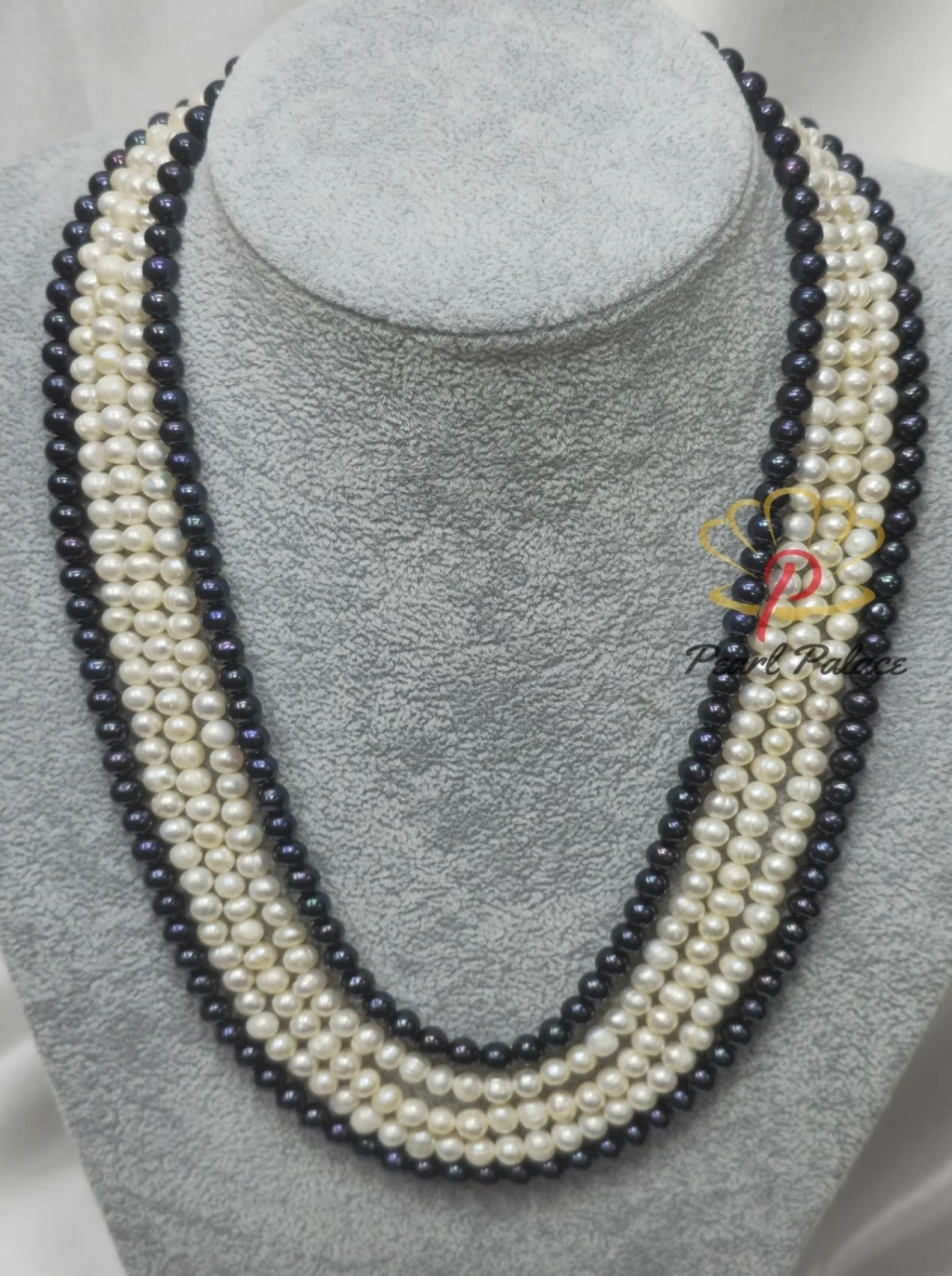 Black and White 5-Layered Pearl Necklace Set.