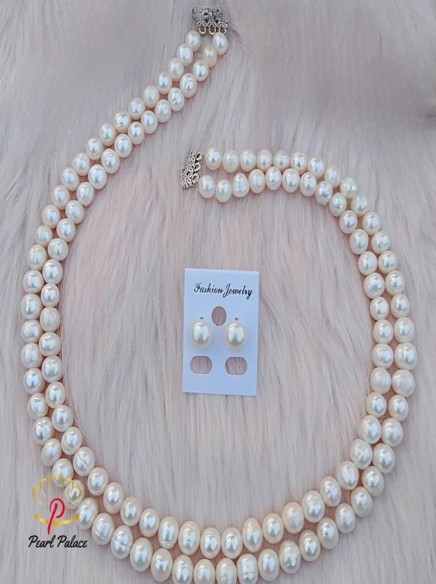 Two-Strand White Freshwater Pearl Necklace and Earring Set.