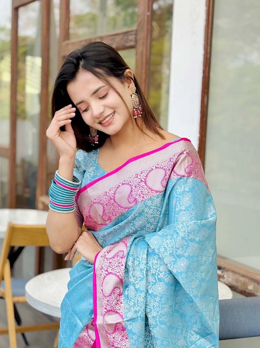 Ethereal Sky Blue & Pink Banarasi Saree with Floral Zari Work
