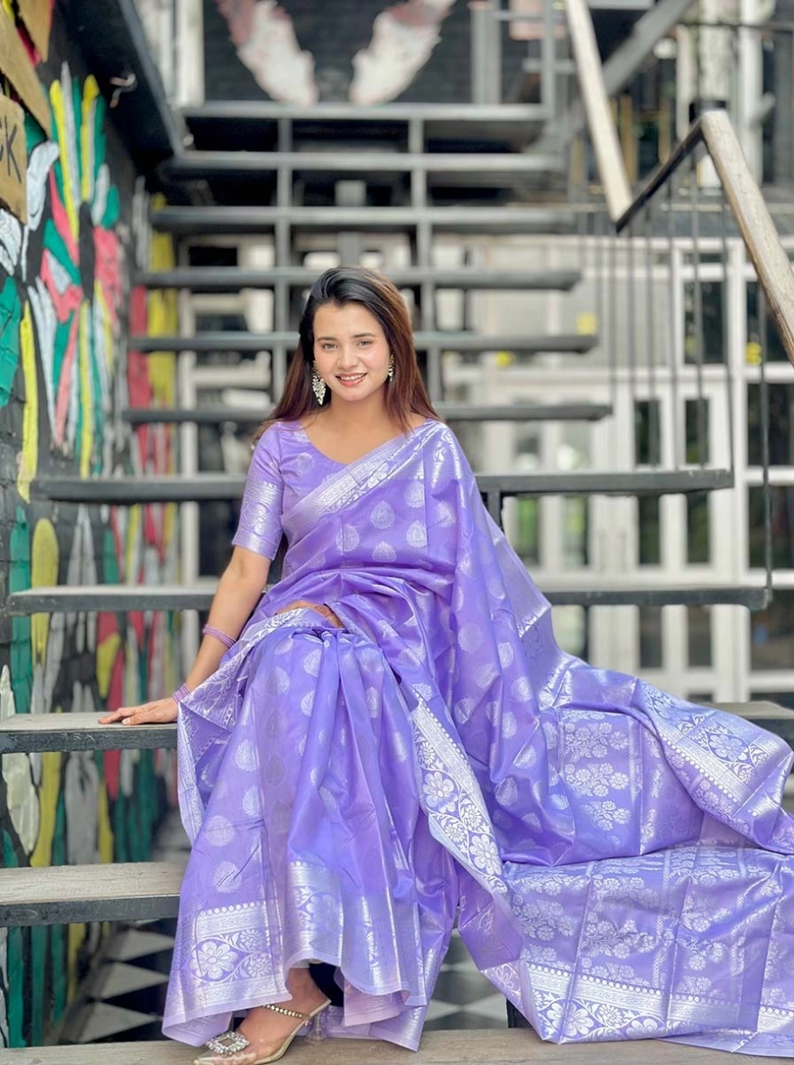 Lavender Silver Zariwork Silk Saree