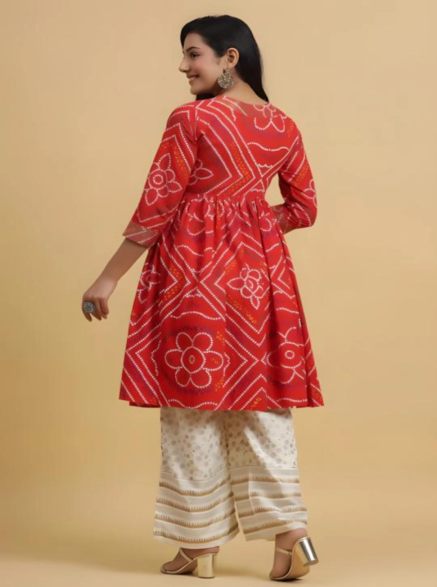 Readymade Full AC Cotton Casual Red Printed Kurti Set