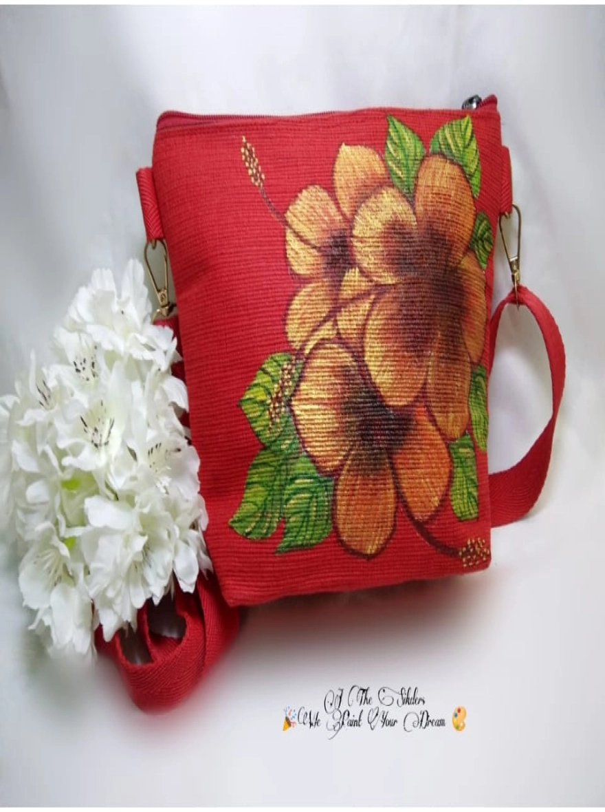 Crimson Hibiscus Hand-Painted Canvas Crossbody Bag