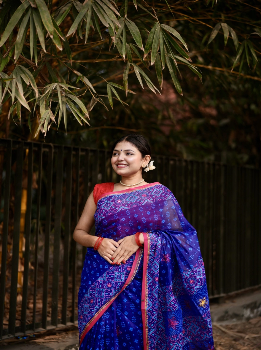 Prijosree Signature Boutique – Royal Blue Multicolor Screen Print Saree