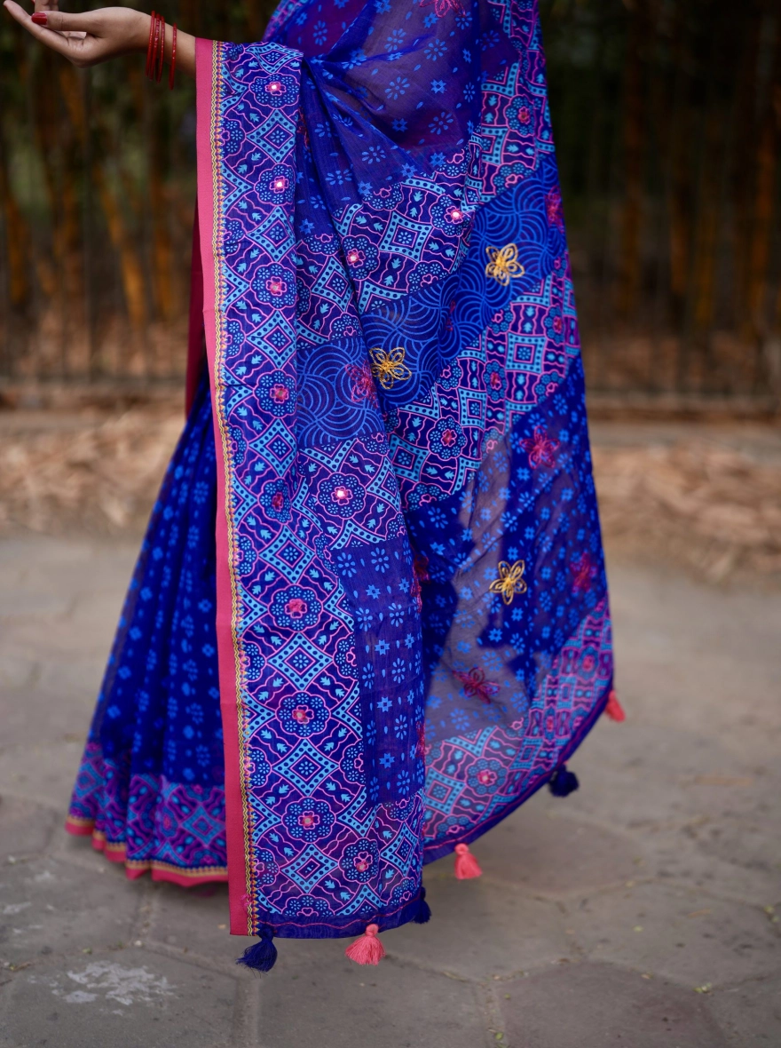Prijosree Signature Boutique – Royal Blue Multicolor Screen Print Saree