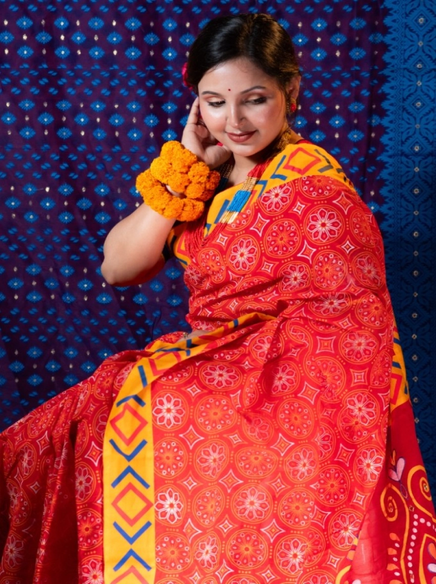 Prijosree Special Ember Print Saree with Artisanal Mirror Accents