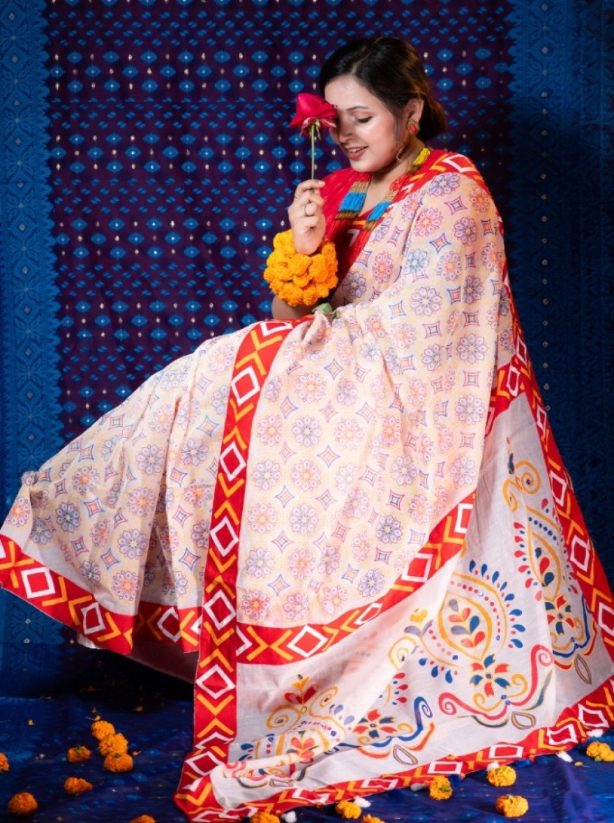 Lavender Bloom Hand-Embroidered Cotton Saree with Mirror Work