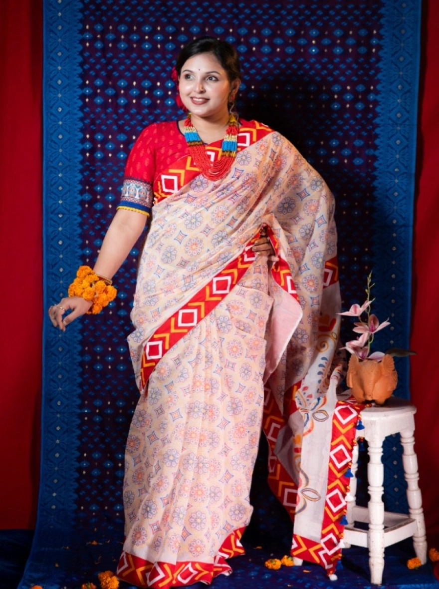 Lavender Bloom Hand-Embroidered Cotton Saree with Mirror Work