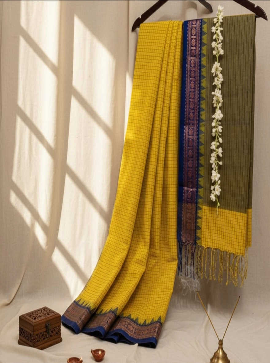 Golden Harvest Checkered Cotton Saree with Indigo Temple Border