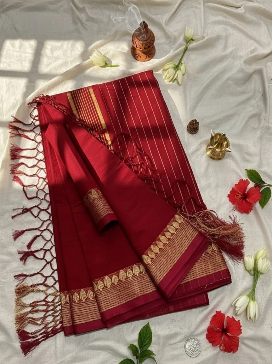 Royal Crimson Handloom Cotton Saree with Golden Leaf Zari Border