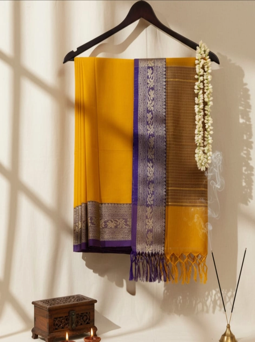 Saffron Radiance Cotton Saree with Royal Purple Floral Zari Border