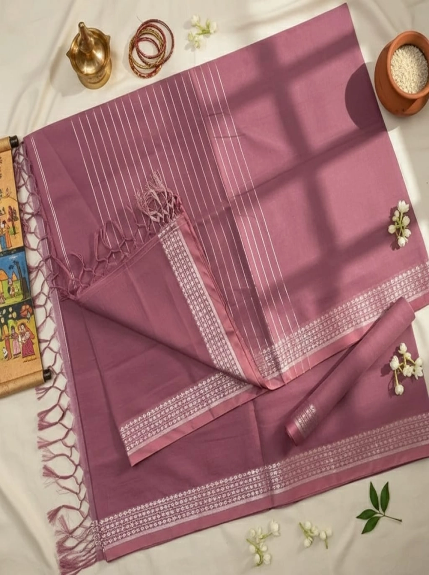 Mauve Mist Handloom Cotton Saree with Silver Lattice Border