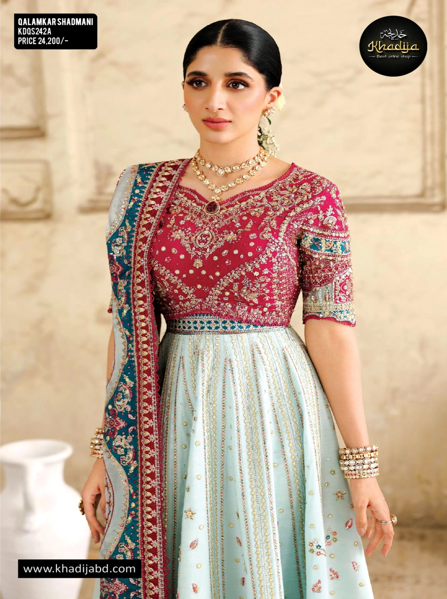 Qalamkar Shadmani (Light Blue & Maroon)-Unstitched