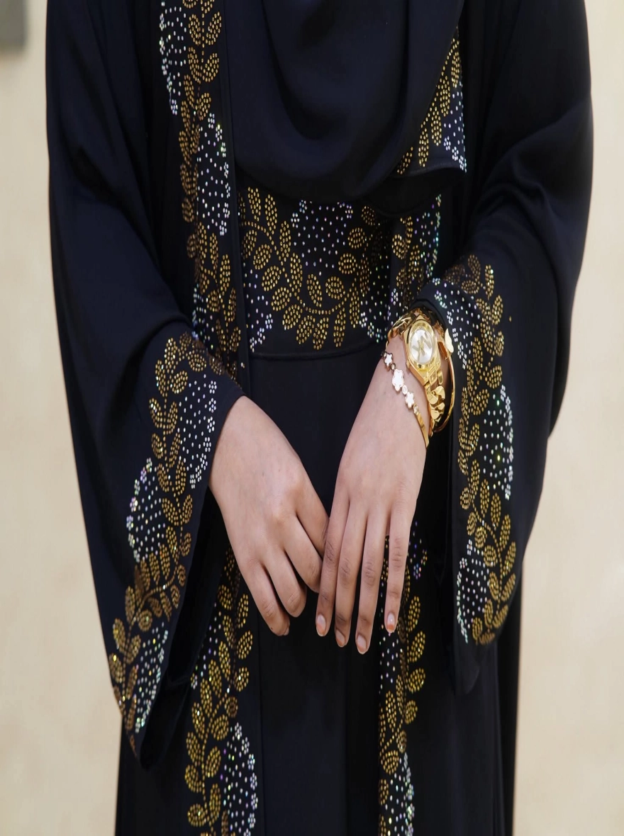 Elegant Rose-Peach Floral Embroidered Open Borkha Set