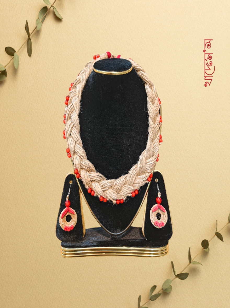 Handcrafted Braided Jute Necklace Set with Matching Earrings