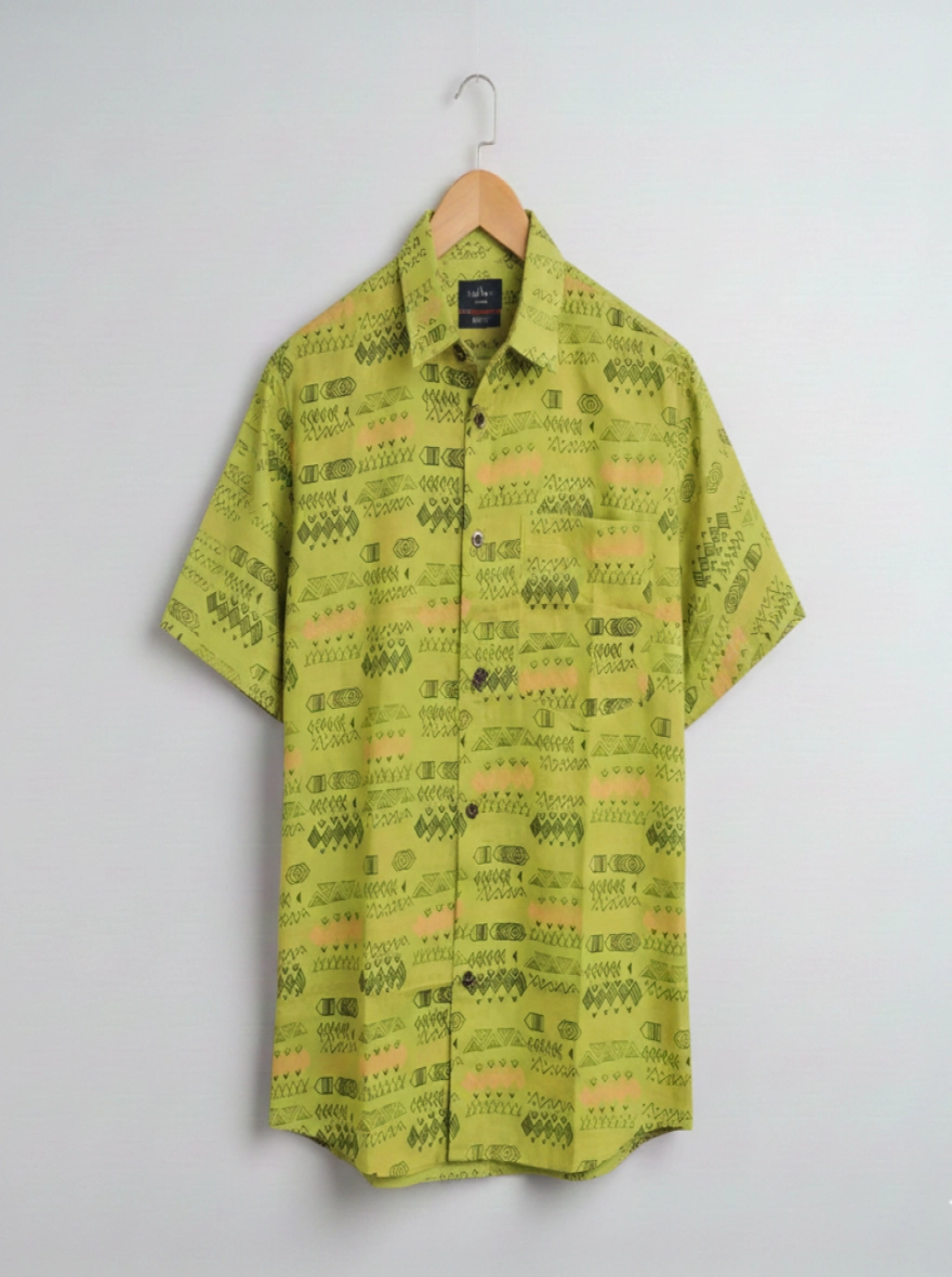 Men’s Lime Green Tribal Motif Taat Half Shirt