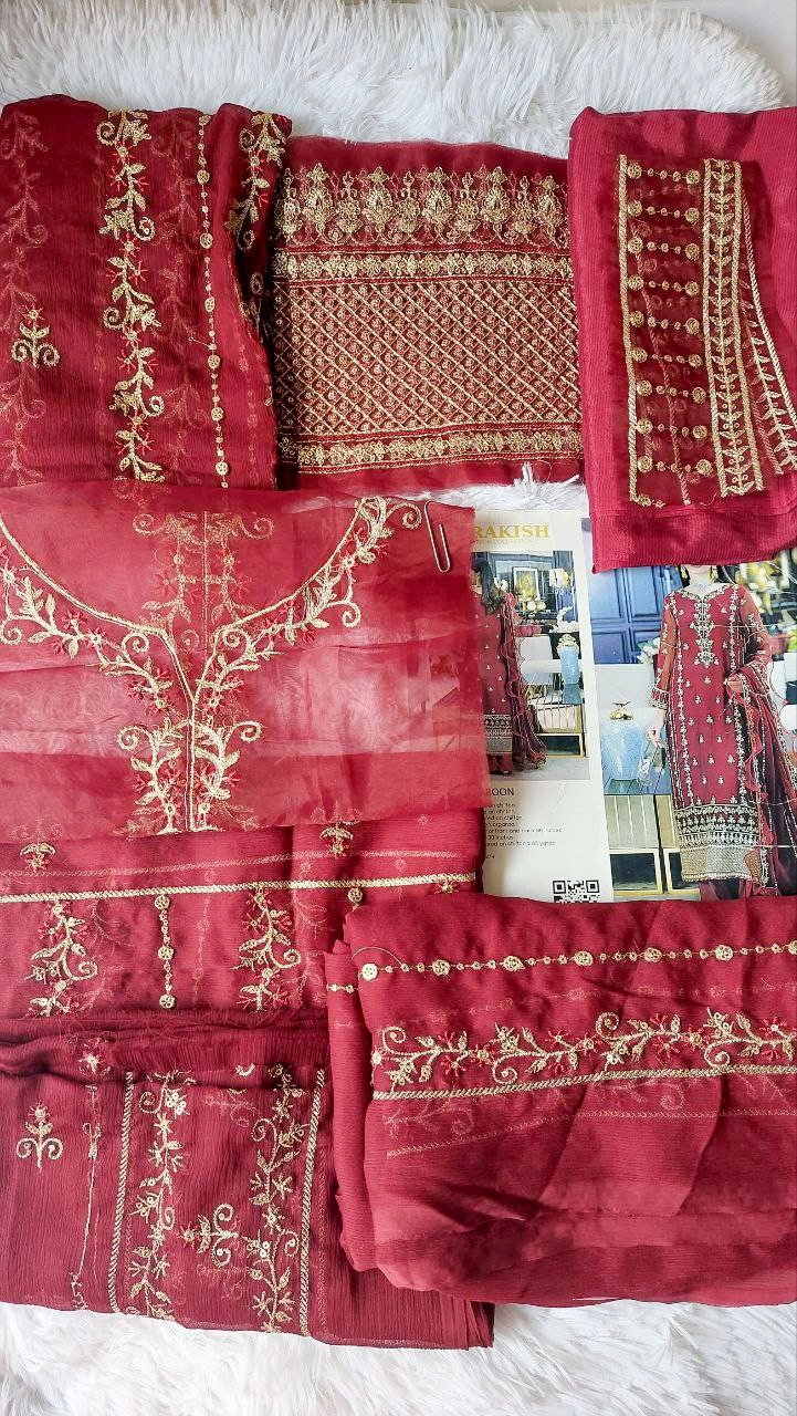 Royal Maroon Zari Embroidered 3-Piece Georgette SuitUnstitched