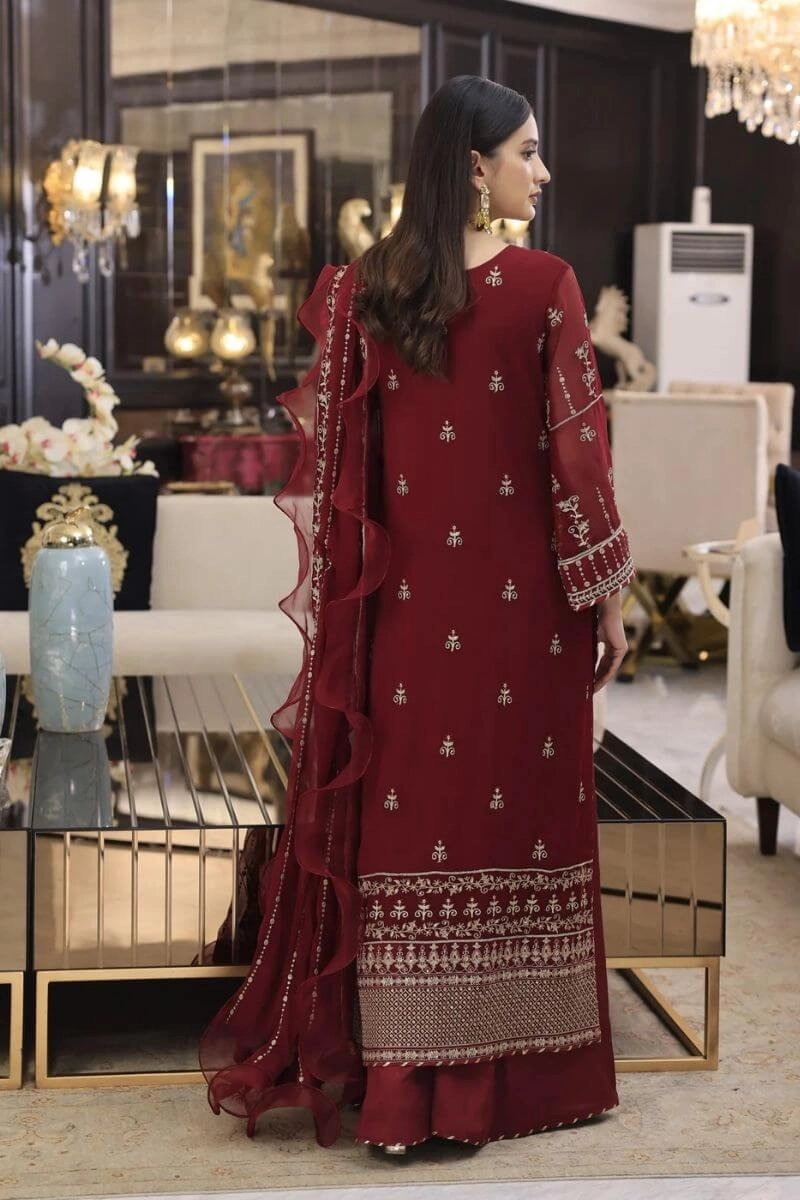 Royal Maroon Zari Embroidered 3-Piece Georgette SuitUnstitched