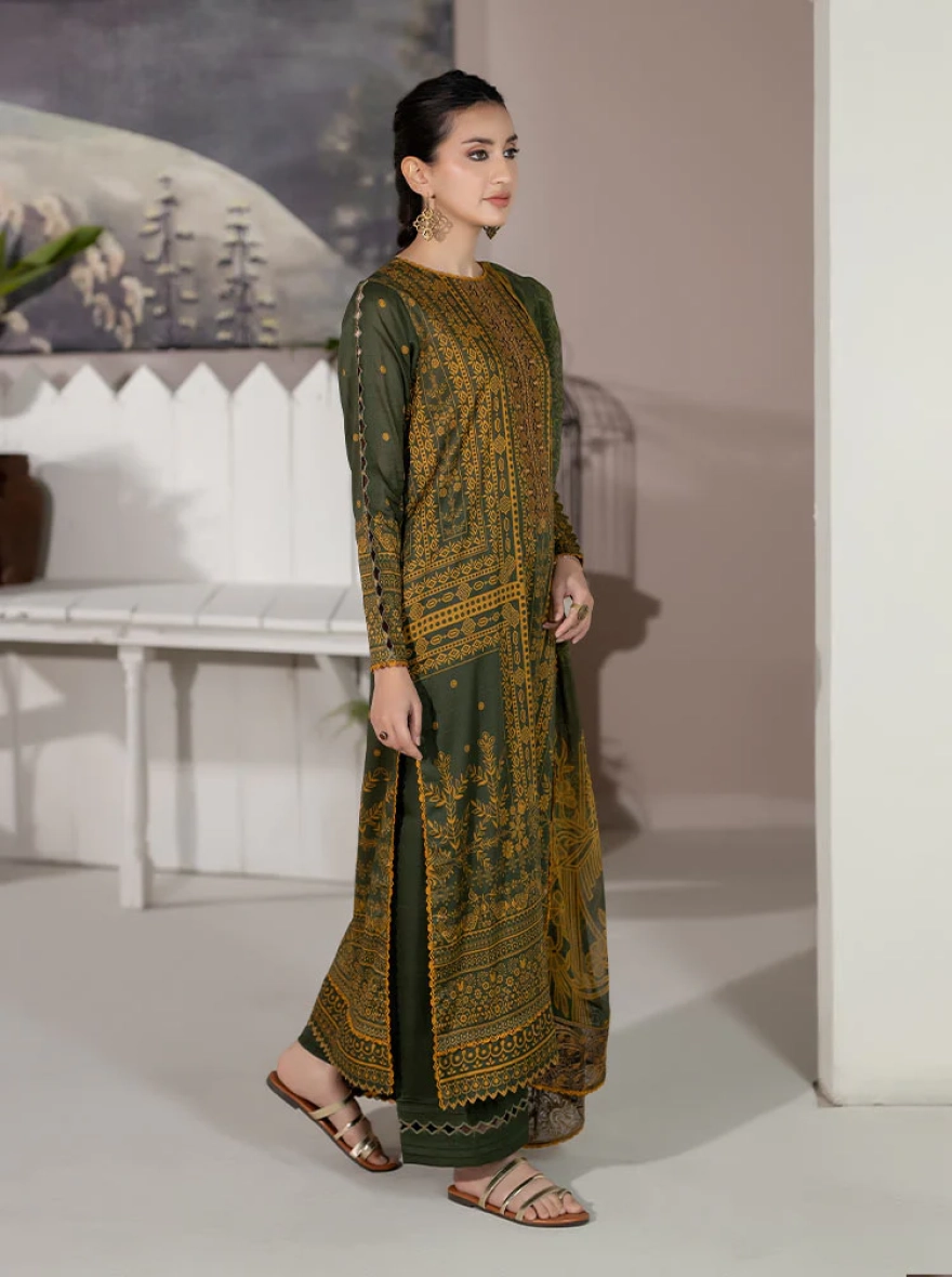Binaas Varda Digital Printed Unstitched Lawn Three Piece Suit - Forest Green & Mustard