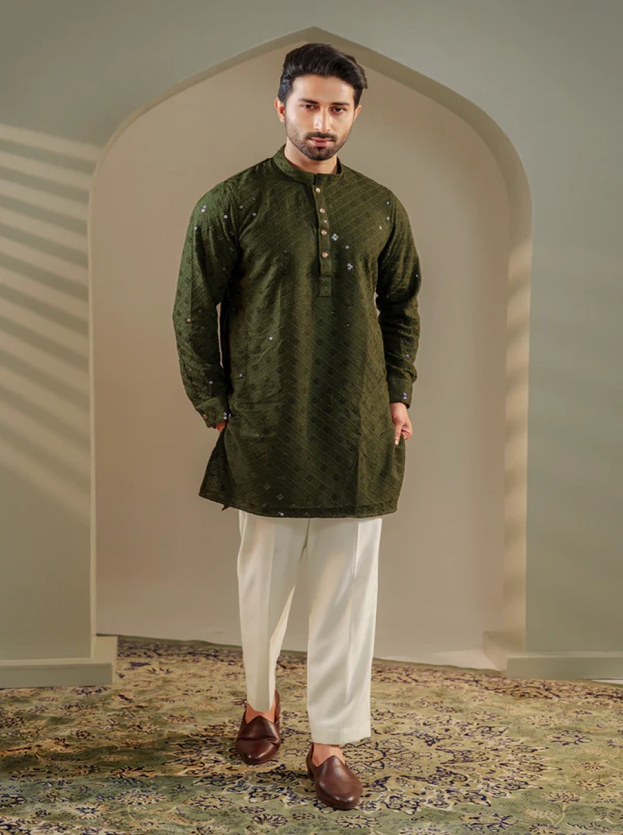 Ayaaz Embroidered Panjabi – Olive Green