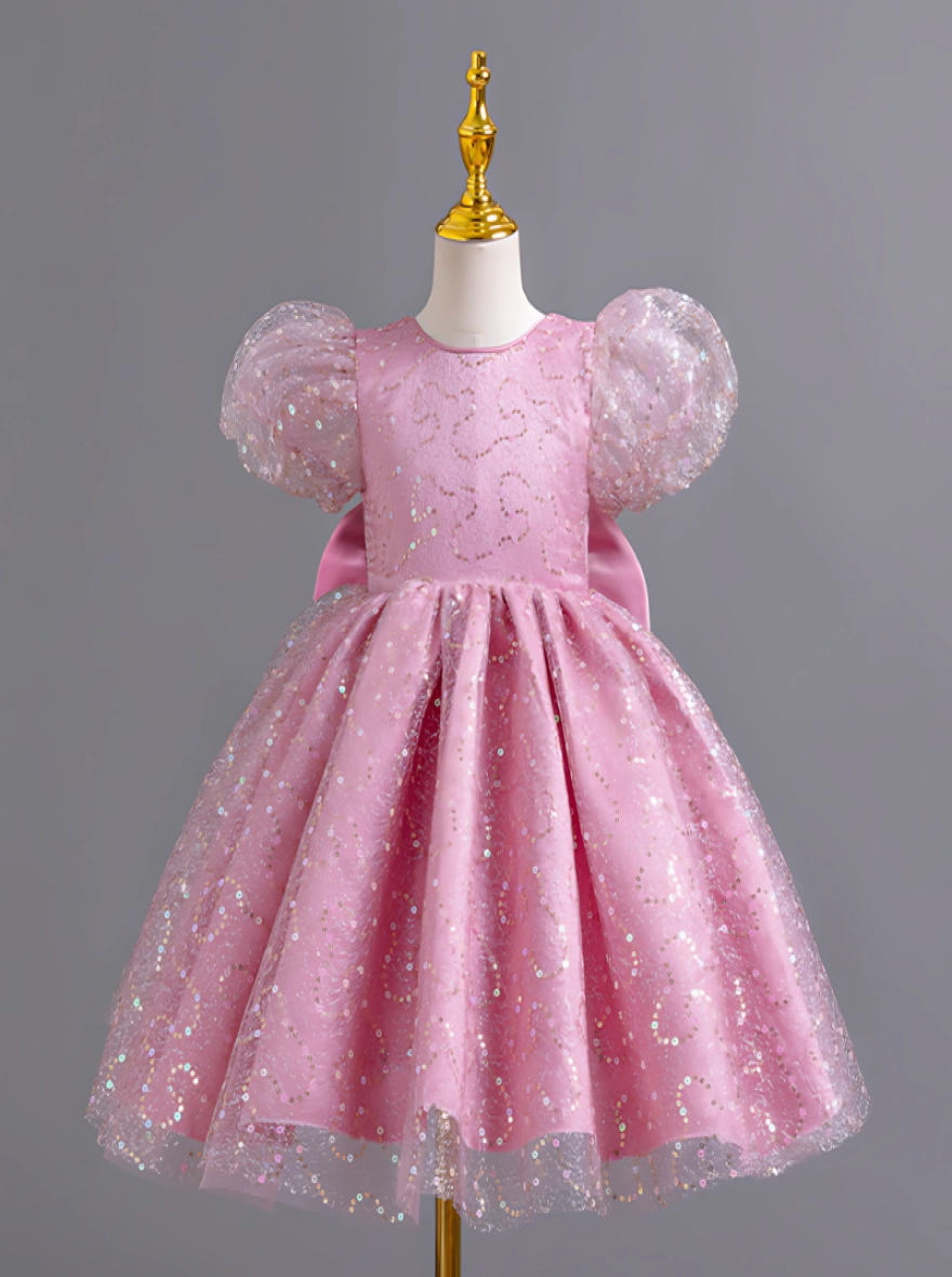 Imported China Glitter Party Frock with Puff Sleeves
