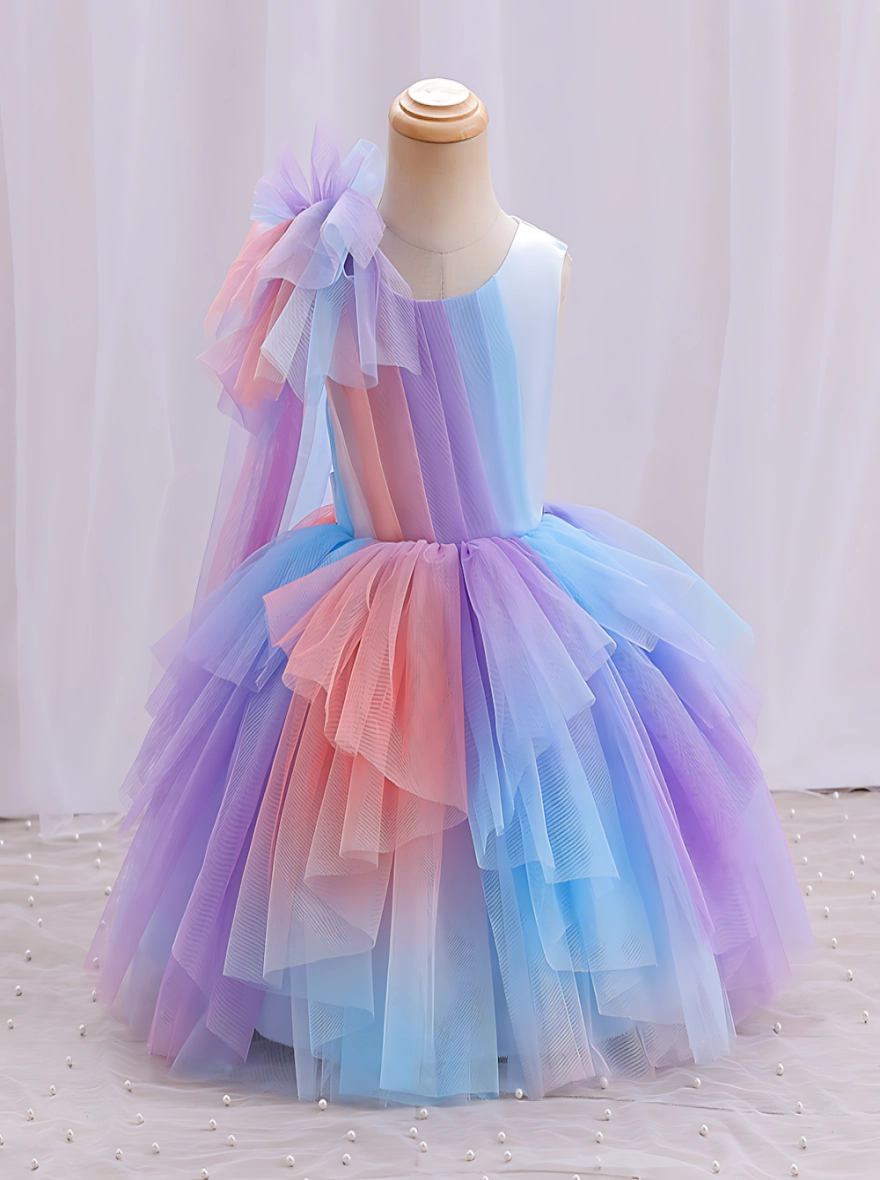 Imported Rainbow Tulle Layered Dress with Large Bow (China)