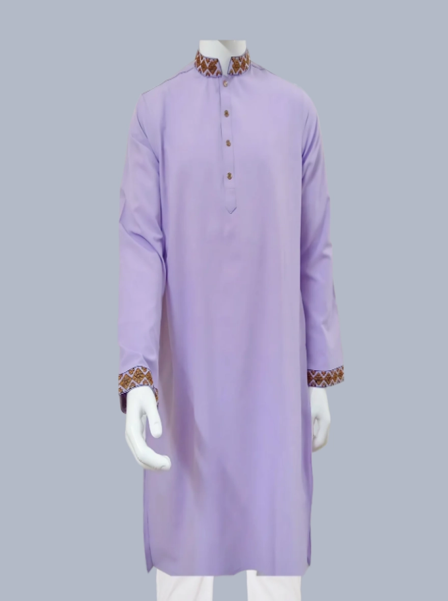 Levender Glossy and Embroidered Cotton-Viscose Slim Fit Panjabi