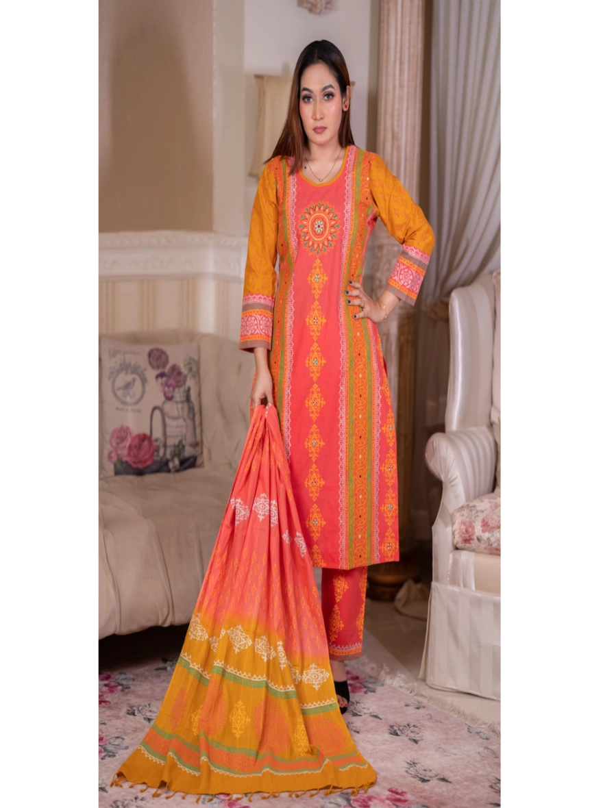 Elegant Floral Print Pure Cotton Three-Piece Salwar Kameez