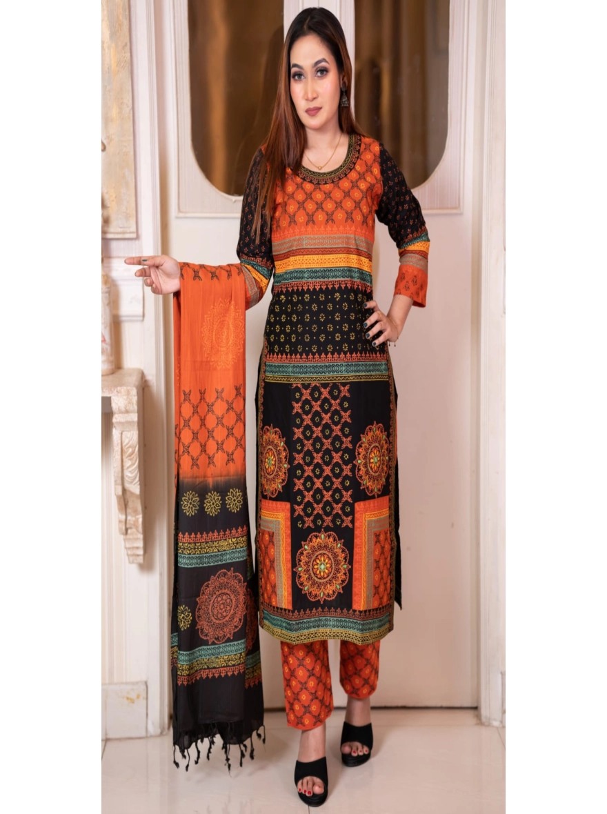 Elegant Block-Print & Embroidered Taat Cotton Three-Piece