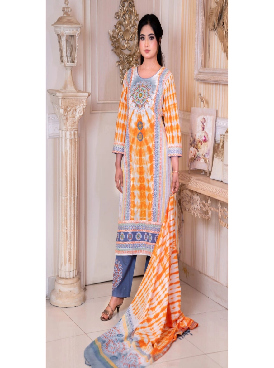 Exquisite Block-Printed & Embroidered Taat Cotton Three-Piece Set