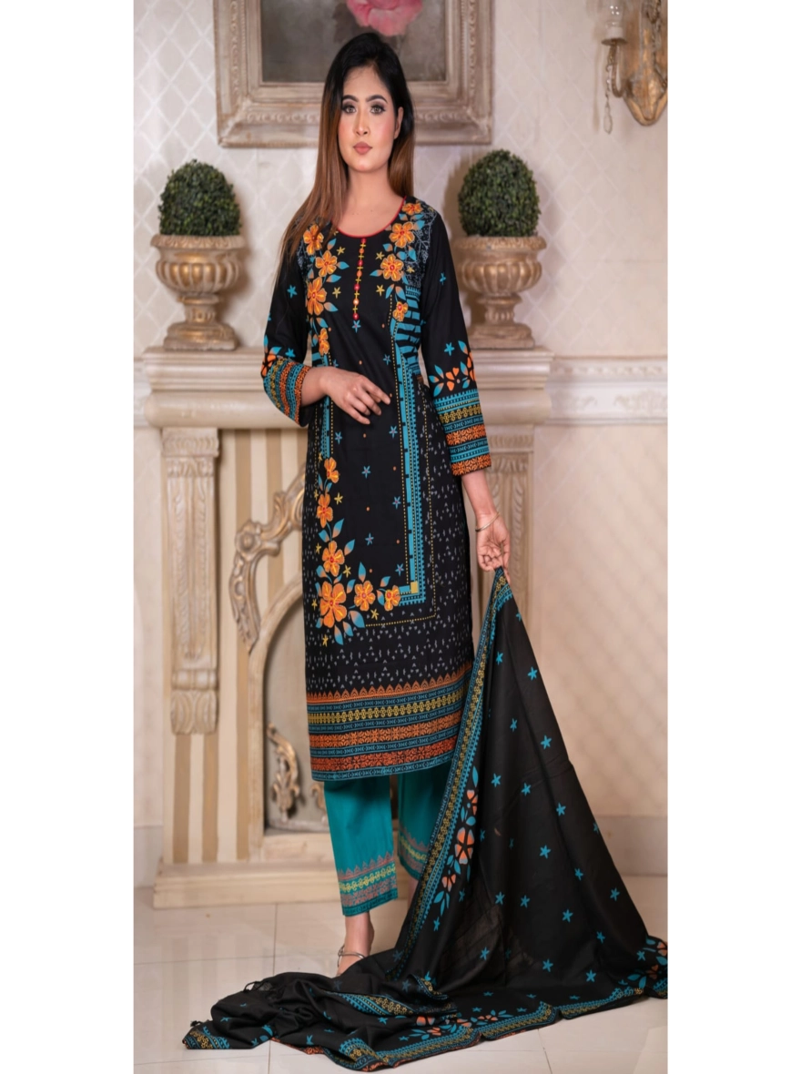 Elegant Block-Printed & Embroidered Taat Cotton Three-Piece Set - 1159