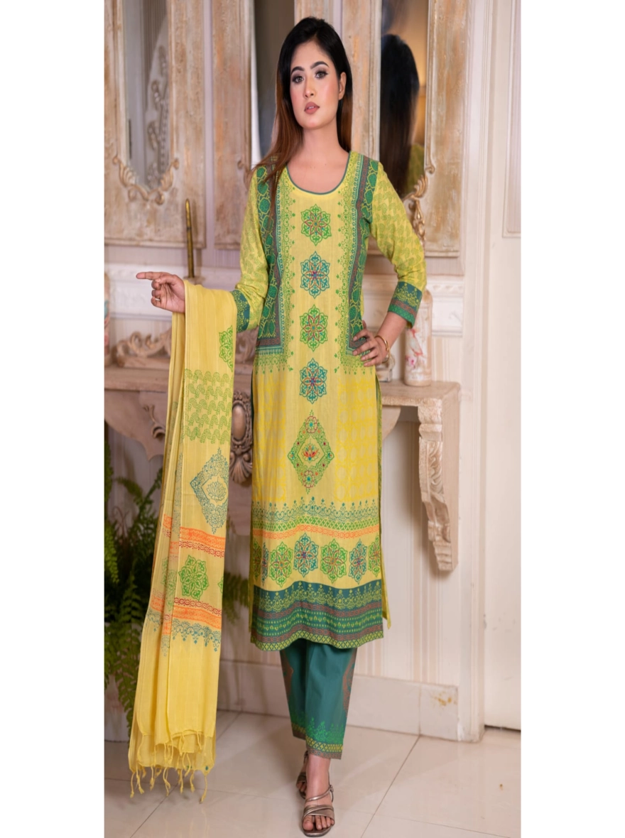 Graceful Block-Printed & Embroidered Taat Cotton Three-Piece Set