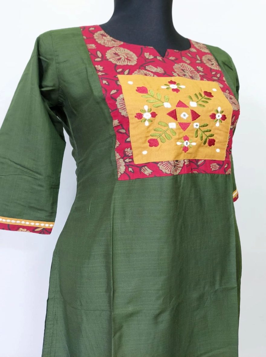 Olive Heritage Patchwork Embroidered Kurti
