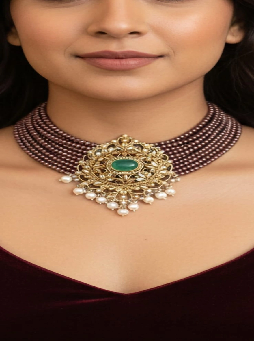 Regal Crimson Heritage Pearl & Emerald Choker