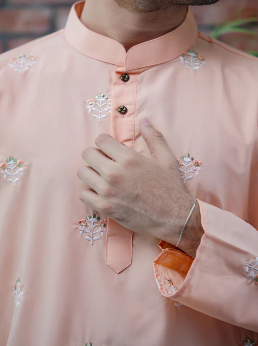 Amir All-Over Embroidered Kurta – Peach/Apricot
