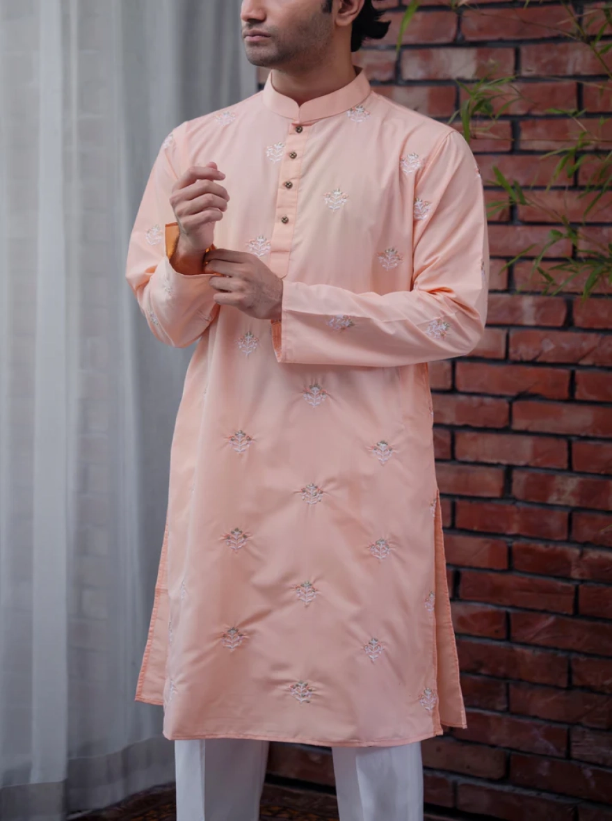Amir All-Over Embroidered Kurta – Peach/Apricot