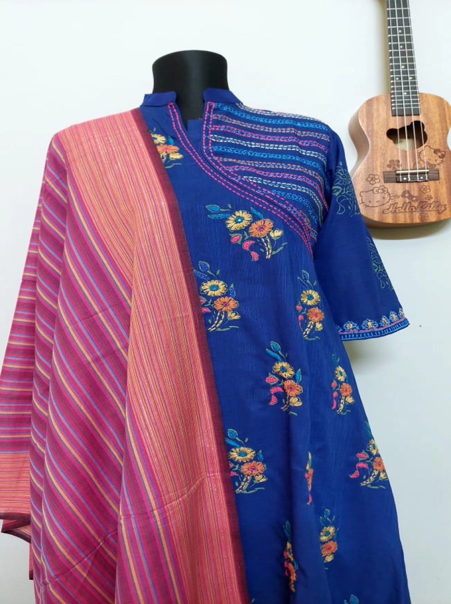 Majestic Royal Blue Angrakha Kurti with Magenta Pinstripe Dupatta
