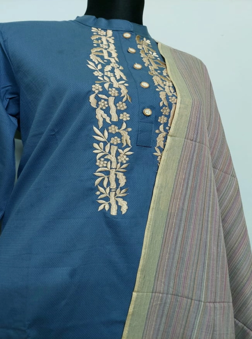 Ethereal Slate Blue Kurti with Golden Vine Embroidery