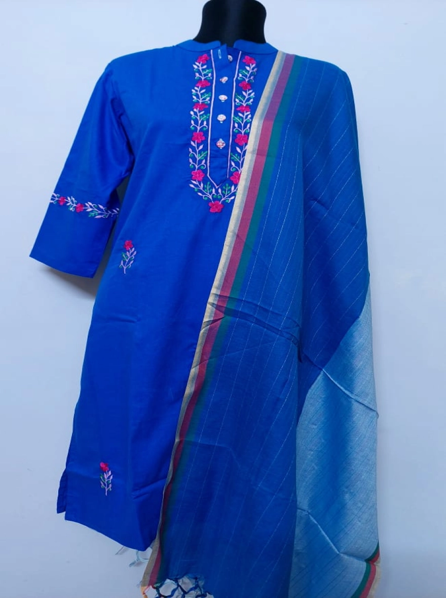Cobalt Grace Floral Yoke Kurti with Textured Dupatta