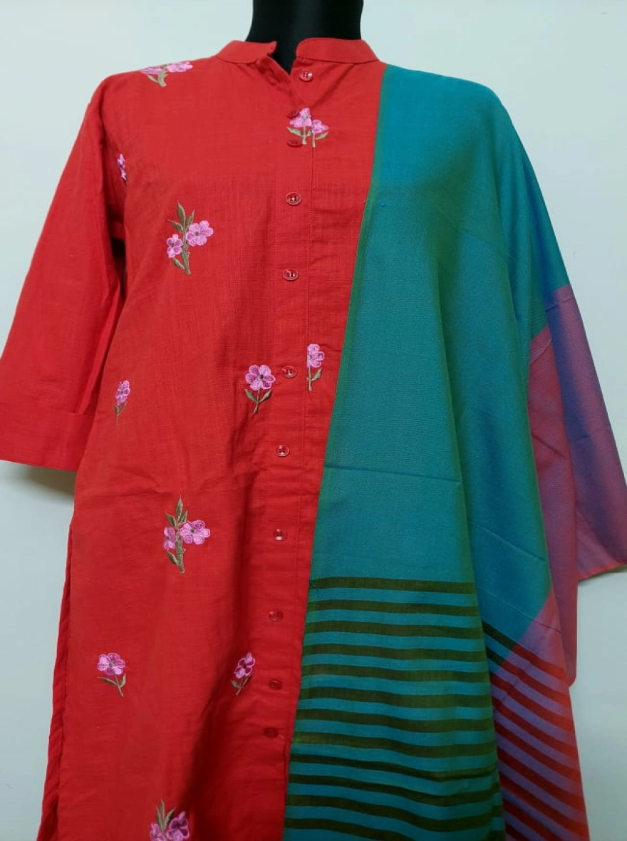 Sapphire Teal Floral Embroidered Kurti with Striped Silk-Finish Dupatta