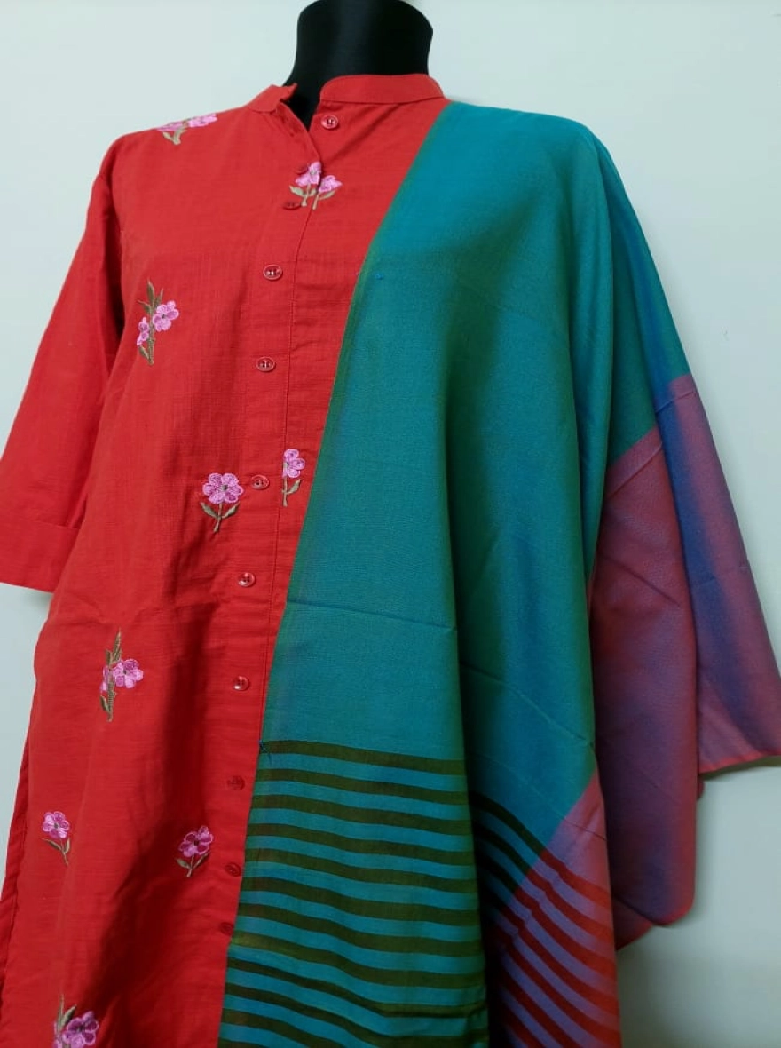 Sapphire Teal Floral Embroidered Kurti with Striped Silk-Finish Dupatta