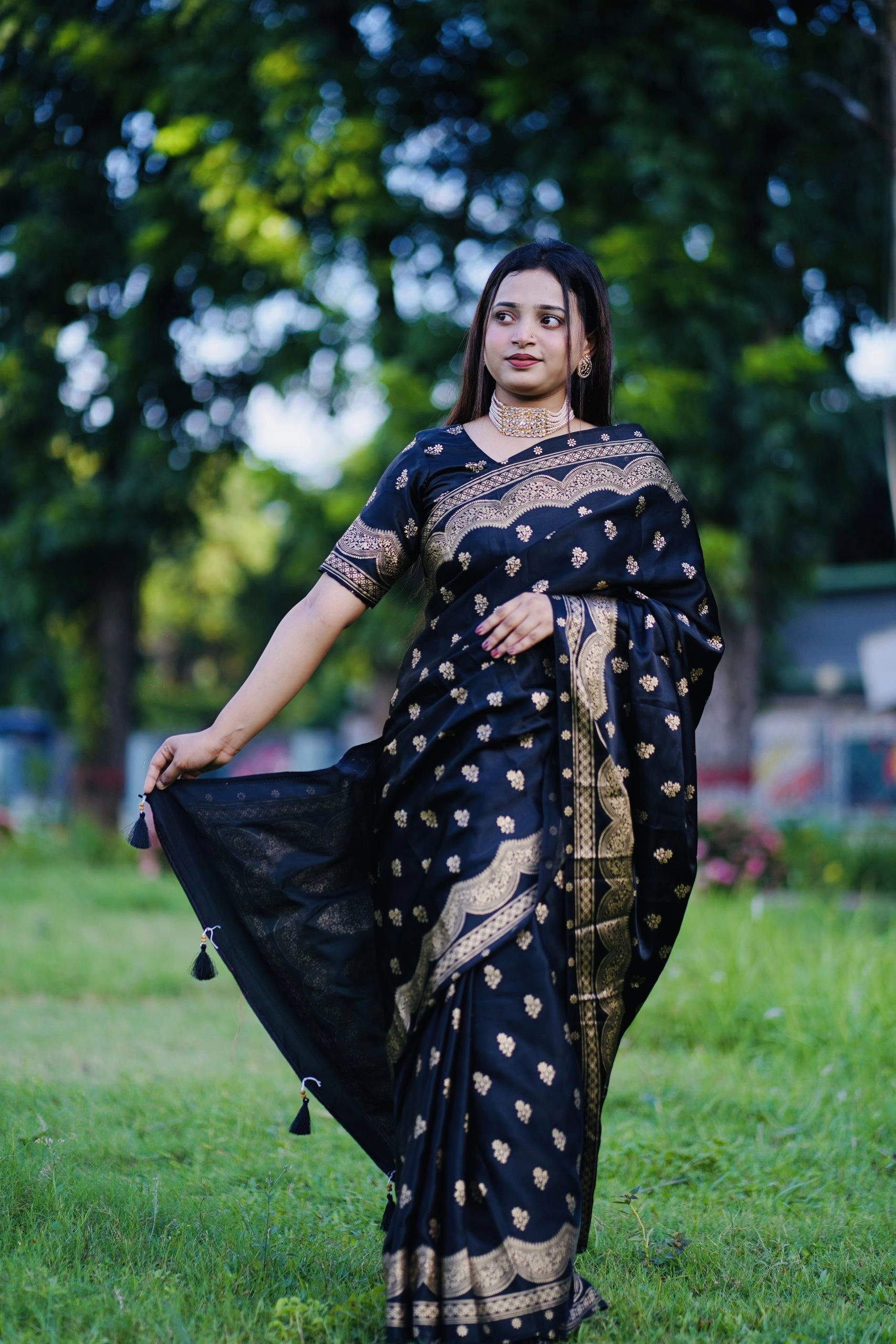 Premium Japanese Silk Black Saree with Screen Print