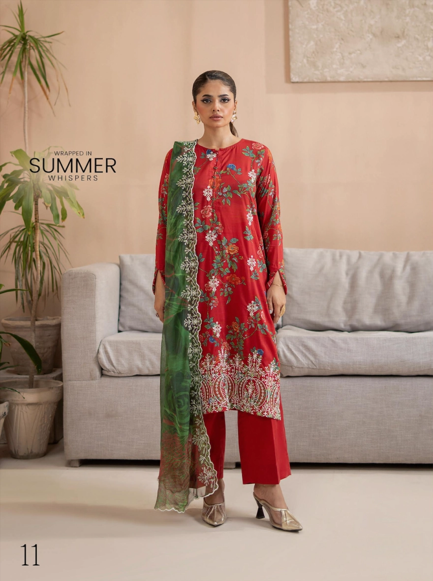 Pakistani Premium Mishaal by Gulljee – 3 Piece Printed Lawn Suit (Red)